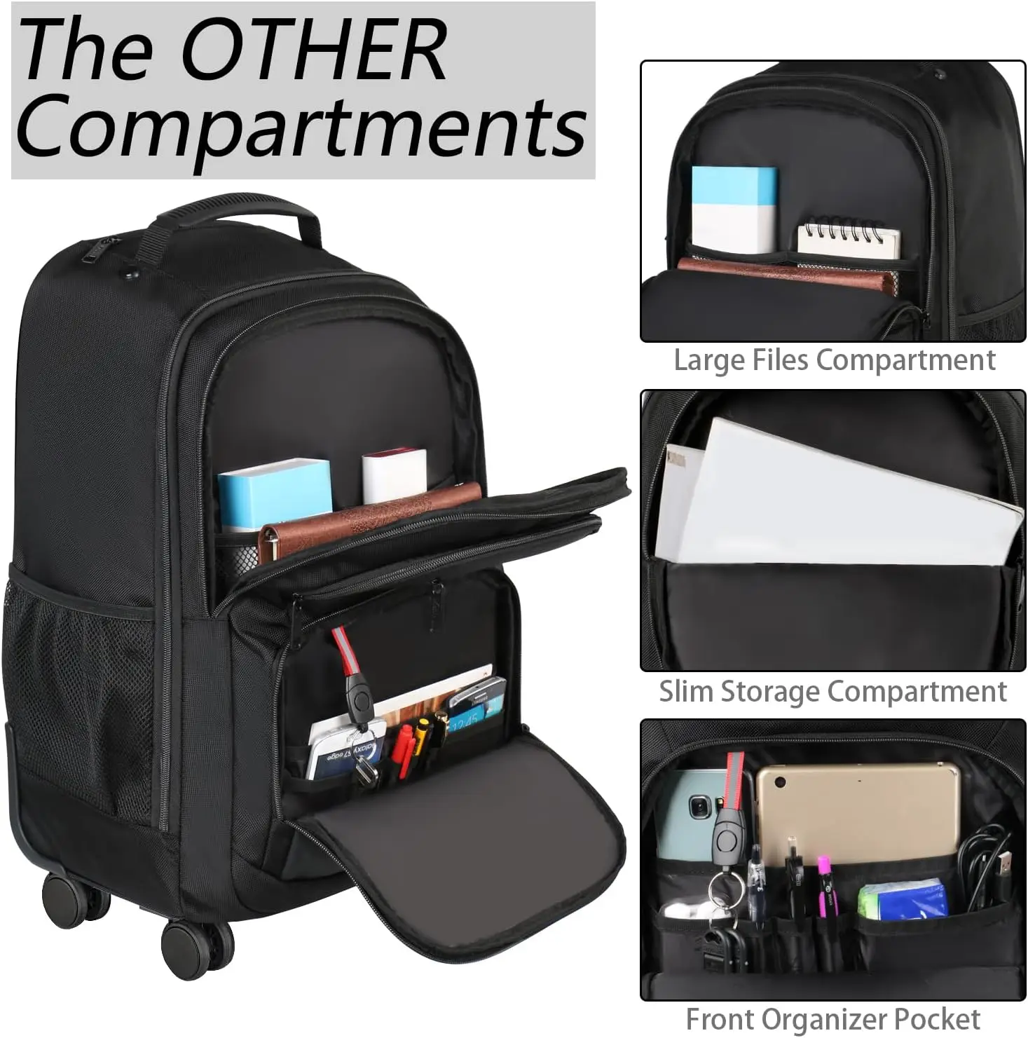 Mochila con Ruedas para Portátil de 17 Pulgadas, Resistente al Agua, con Múltiples Compartimentos, Negra