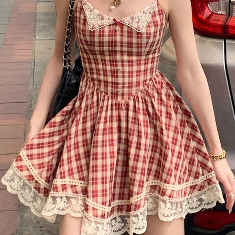 Houzhou Vintage süßes rotes kariertes Kleid für Frauen kawaii elegantes französisches Stil Bogen Spitze Party Mini kleid Retro Lolita Falten kleid