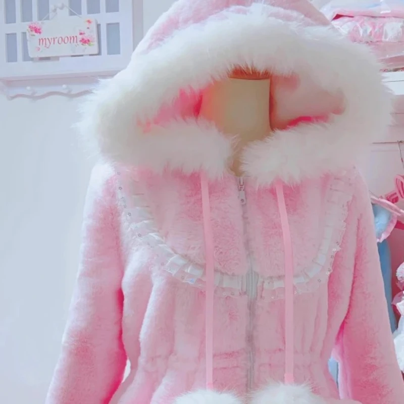 Original Design Cute Pink Furry Splicing Hooded Women's Jacket Autumn Winter New Fleece Lined Waist Adjustable Warm Coat Ladies