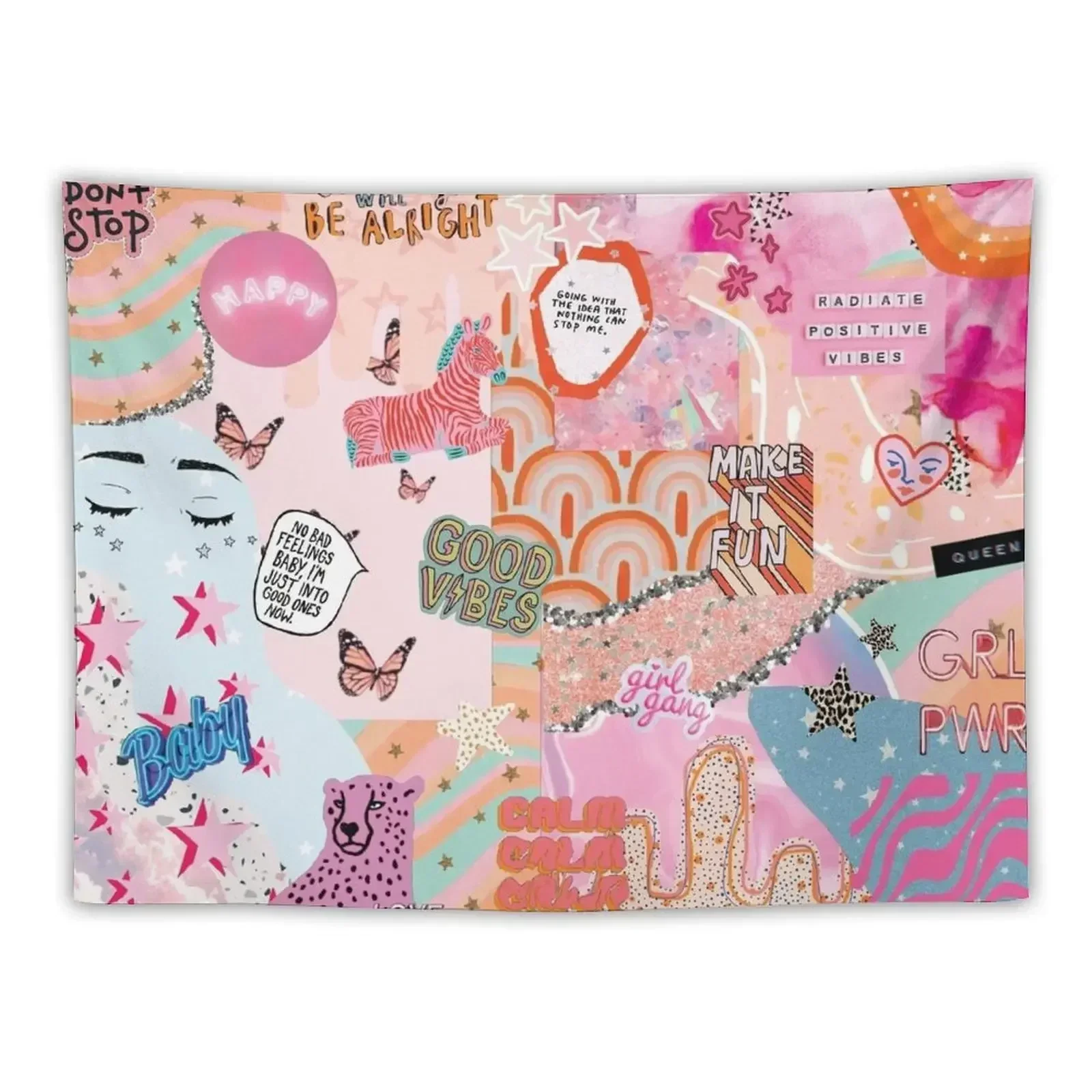

Pink and Blue Girl Power Collage Tapestry Room Design Wall Decor Hanging Tapestry