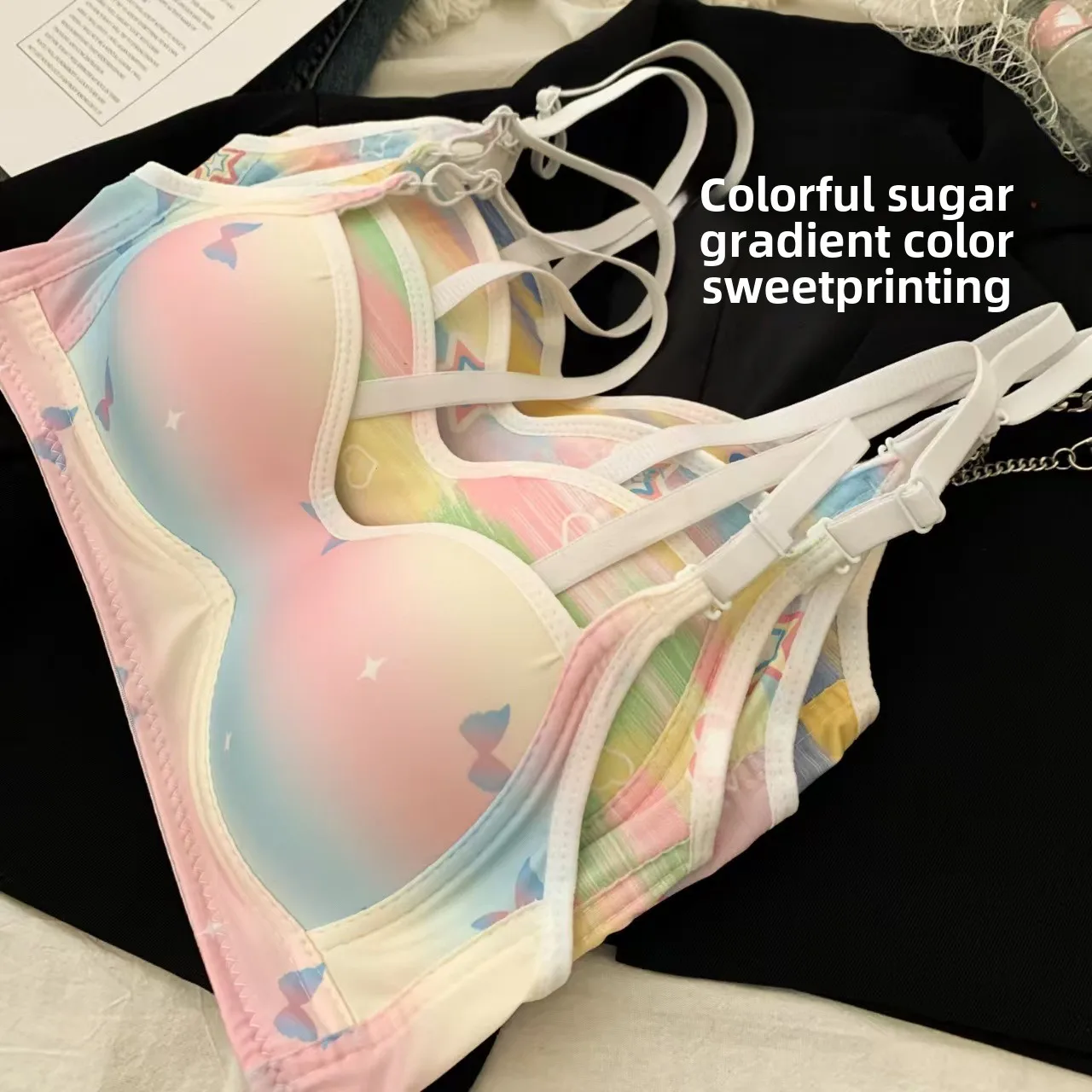 MOYISU Colorful Dopamine Traceless Bra Lingerie Women's Thin, Underwire Small Breasts Gather To Show Large Anti-sag Bra Sweet