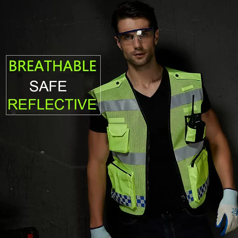 Traffic Vest Multi Pocket Working Vest Mesh Breathable Construction Vest Men Hi Vis Workwear Plus Size L-4XL