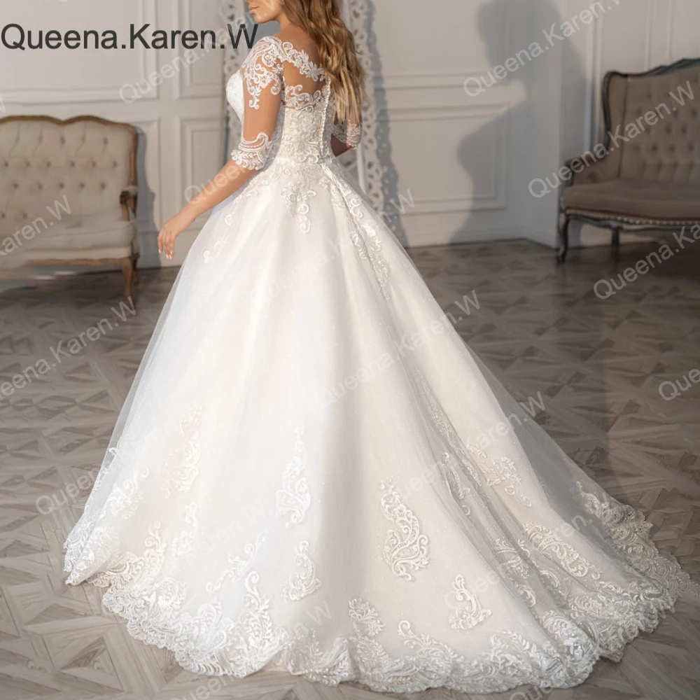 Queena.Karen.W Elegant A line Wedding Dress long sleeve V Neck lace bride dress robe de mariee A line Wedding Bridal Gown