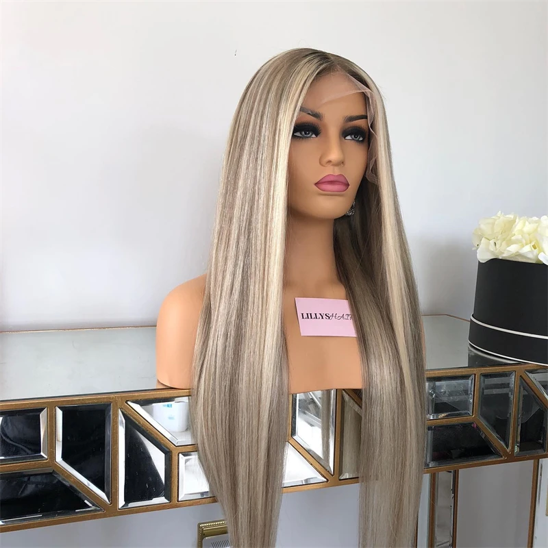 

Soft Synthetic Lace Wig Straight Ash Blonde Grey Highlights Women's Halloween costumes Futura Small Large Size Cap Lace Wig