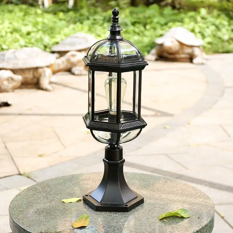 Retro Glass Outdoor Pillar Lamp Waterproof Villa Courtyard Wall Lighting European Style Garden Path Landscape Fixture