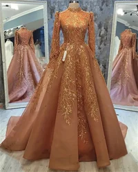 Pretty Muslim Arabic Evening Dress 2024 Luxury Appliques 3D Print High Neck Full Sleeve Formal Party Dress A-Line Robe de soirée