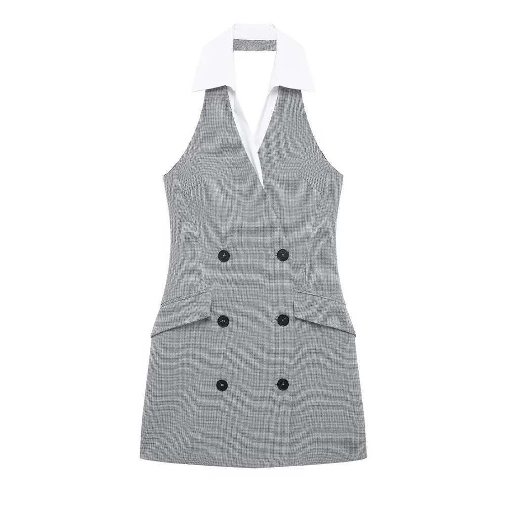 

2024 RARF Winter New Women's Fashion Casual Splicing Mini Hanging Neck Collar Flip Collar Sleeveless Short Dress