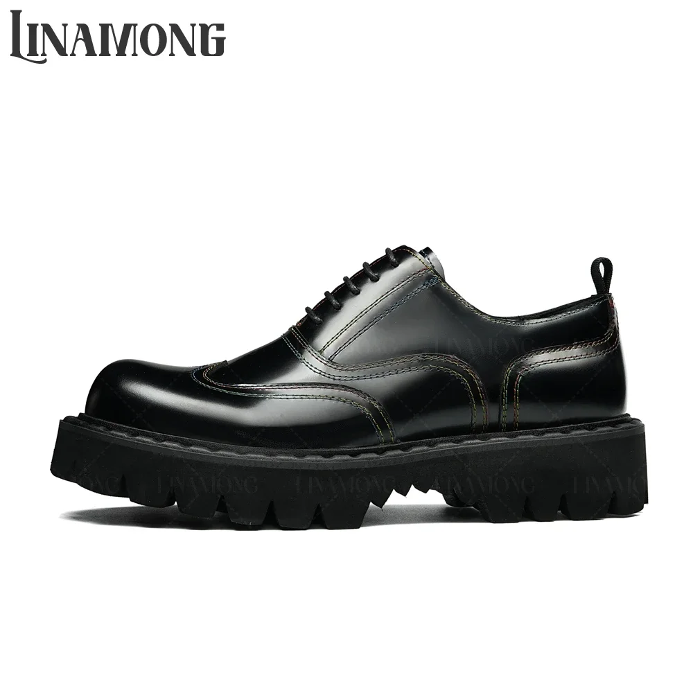 Big Round Toe Genuine Leather Shoes British Style Thick Sole Business Casual Shoes Designer Stitched Handmade Men's Oxford Shoes