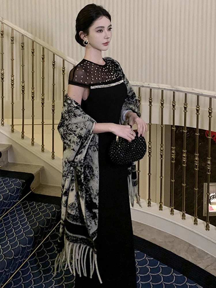 Roupas femininas chique preto puro sexy o-pescoço magro longo vestido de noite elegante luxo festa aniversário vestidos fiesta robe verão