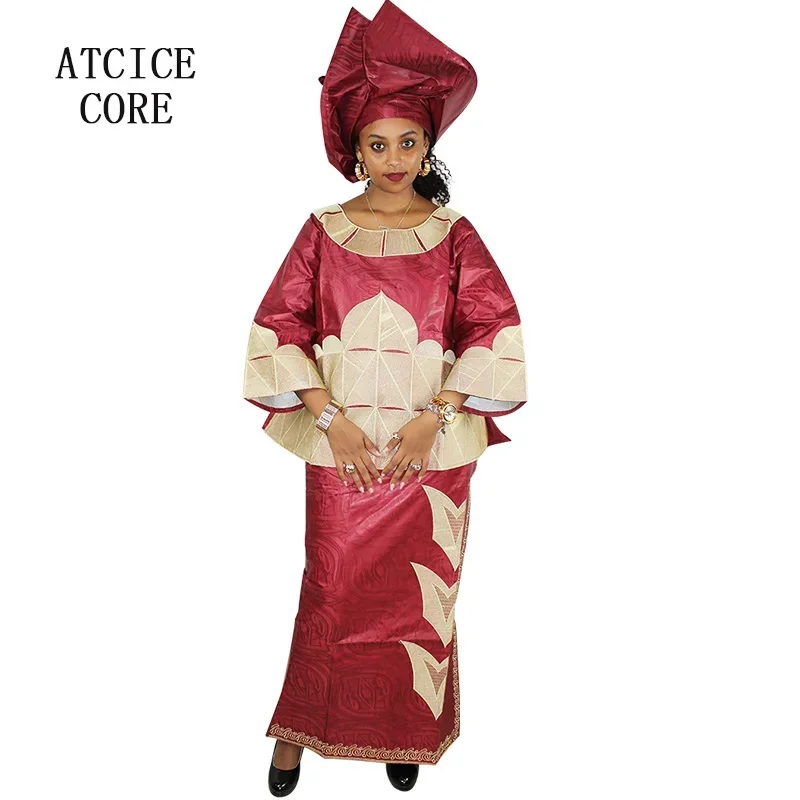 African Dresses For Women African Fabric Bazin Riche Embroidery Design Dress Long Dress With Headtie