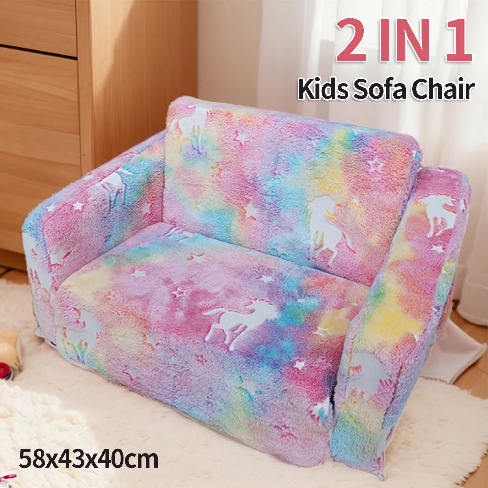 2 in 1 Kids Sofa Chair Comfy Toddler Chair Folding Out Glow in The Dark Extra Soft Open Couch 2-in-1 Toddler Soft Couch Fold Out