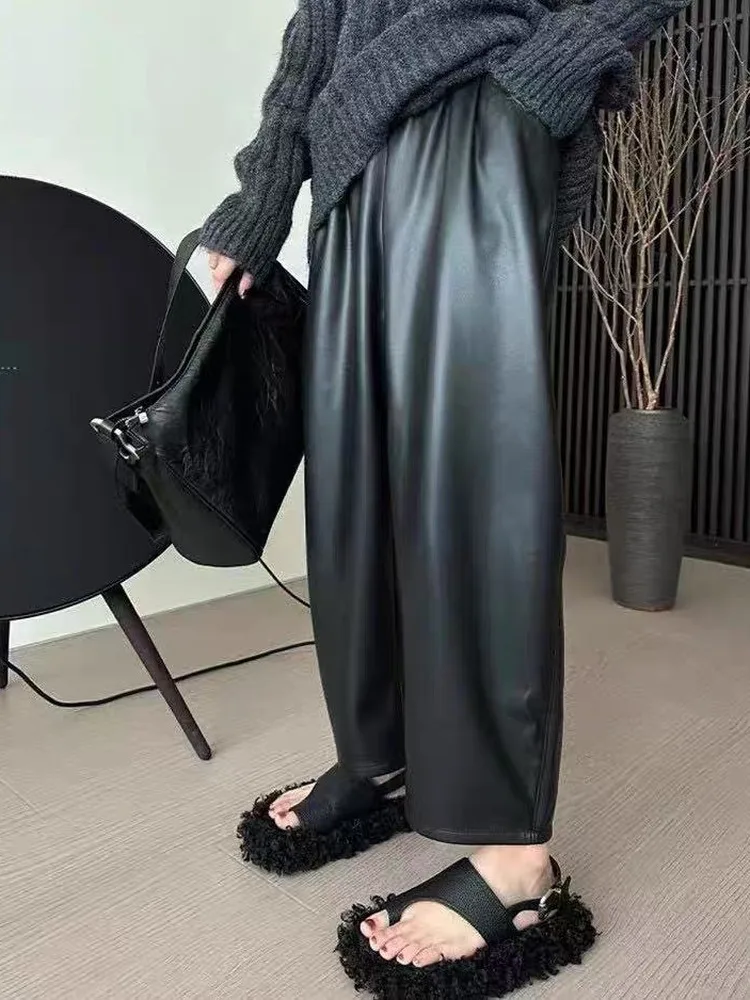 

Высококачественные брюки из натуральной кожи, свободные, облегающие, с эластичной талией, длиной 7/8, женские, модные, повседневные, прямого кроя