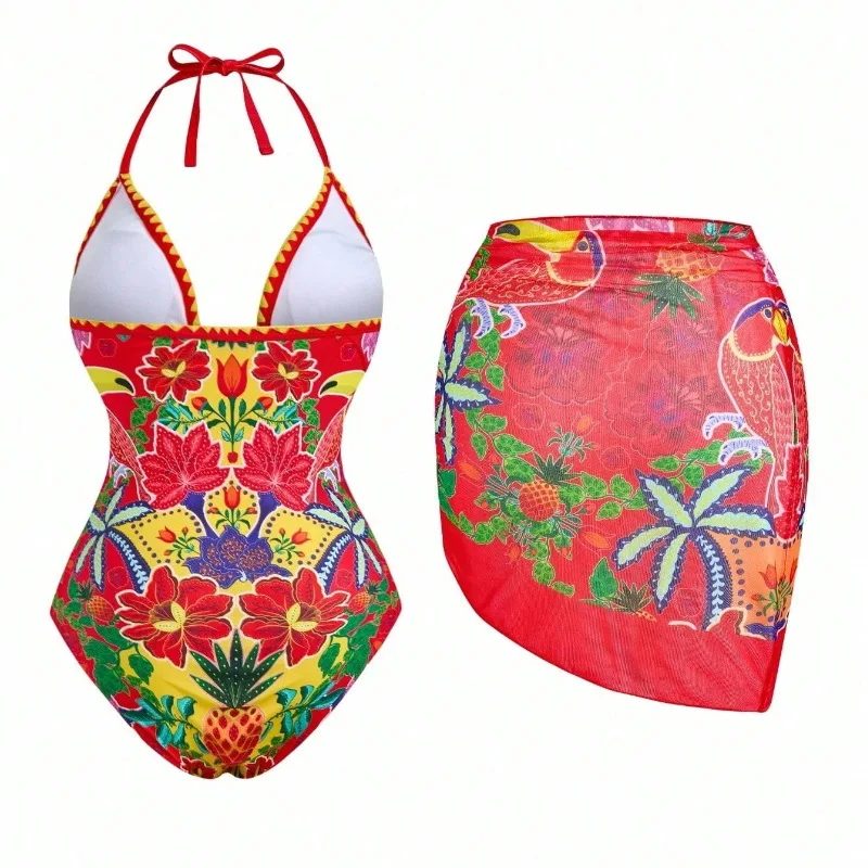 2026 2‑Piece Swimsuit Set Floral Print Halter One‑Piece Bathing Suit With Tie‑Side Mesh Sarong Cover‑Up For Women Beach Swimwear