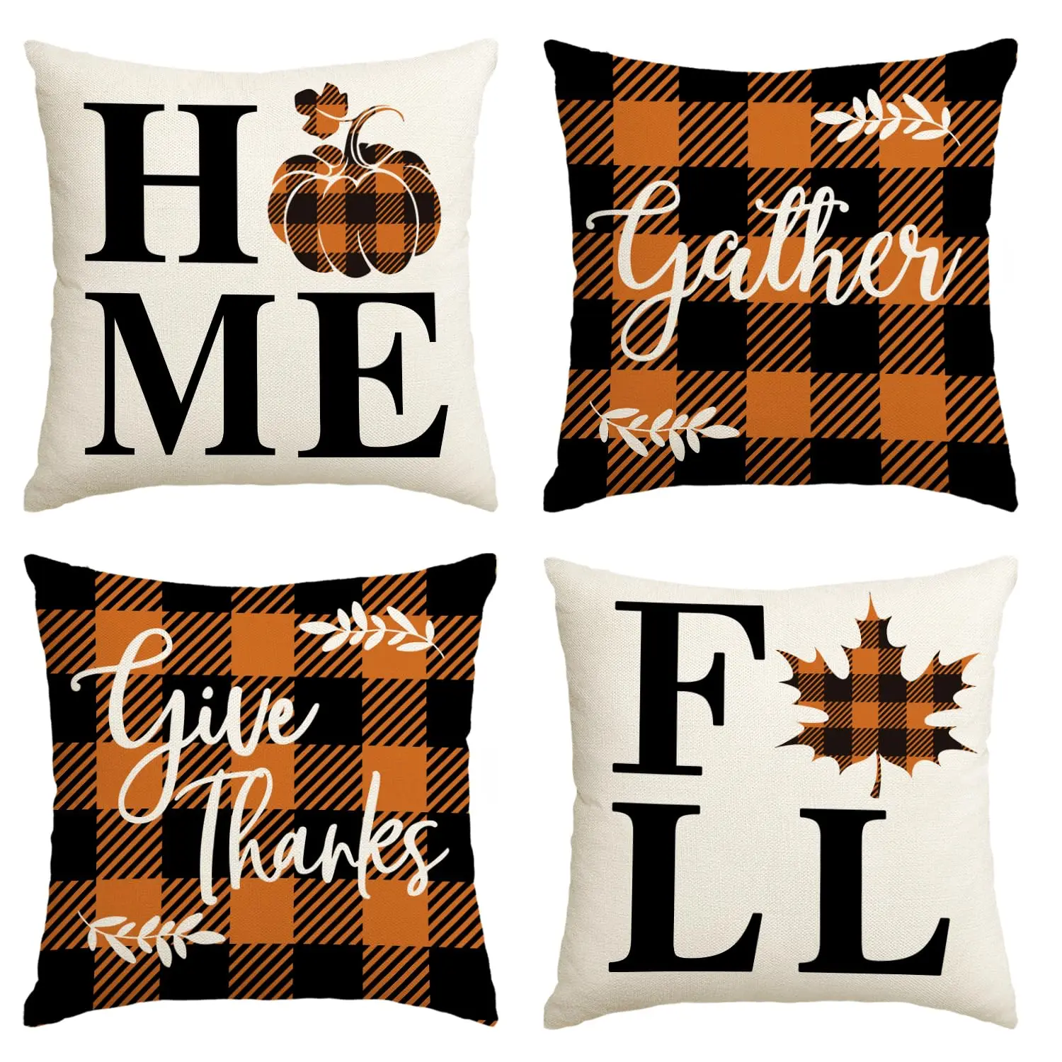 

Throw Pillow Cover for Fall,Buffalo Check Plaid,Pumpkin Maple Leaf,Farmhouse Cushion Case,Autumn Give Thanks Gather,Set of 4