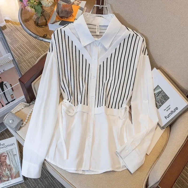 

2025 Spring Autumn New Women's Plus Size Fake Two Female Striped Shirts Ladies Join Together Age-reducing Joker Blouse