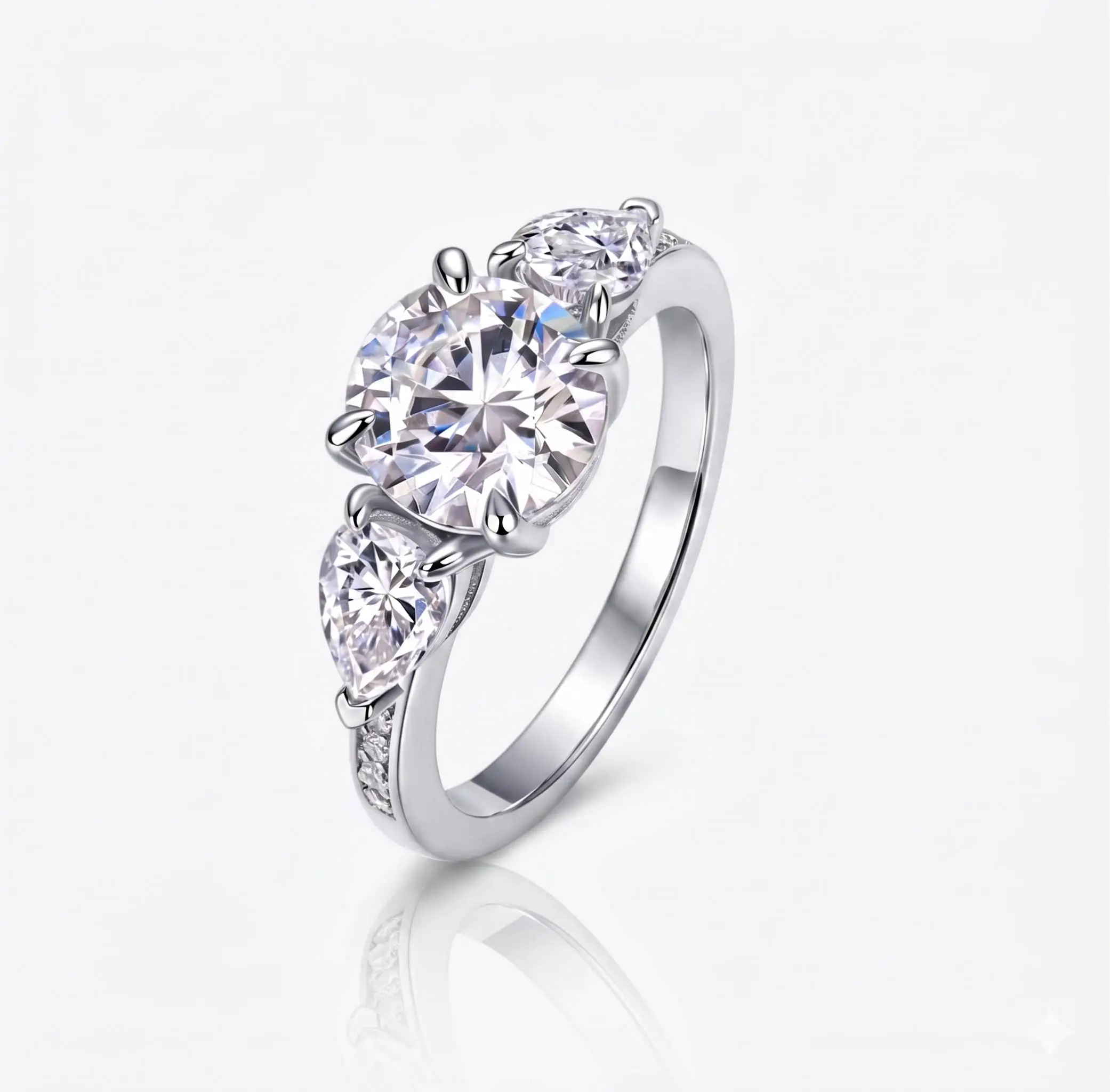 D Color VVS1 Moissanite Ring 2 Carat Main Stone 3-Stone Style Pear Side Stones High Sparkle, Luxury Daily Wear Ring Anniversary