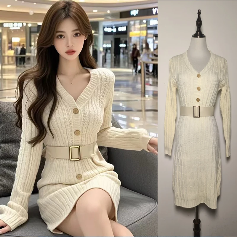 MiiiiX French Elegant V-neck Single-breasted Knitted Dress Waist Slim Sheath Casual Dress with Belt 2024 Women's Autumn Clothes