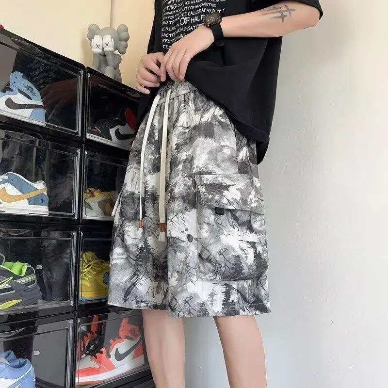 

American Black Workwear Shorts Men's Summer High Waisted Youth Pants Casual Tie Dye Large Pocket Five Quarter Horse Pants