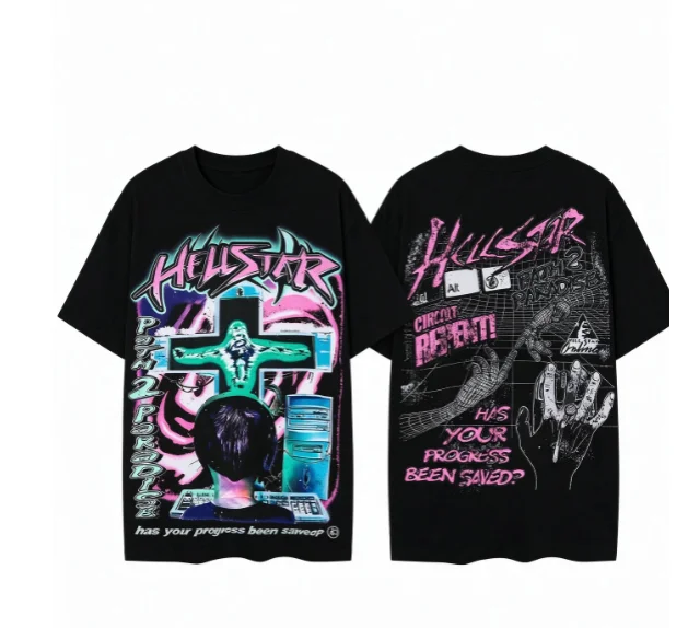 2026new Short sleeve tee with neon cross portrait collage prints on front back black base with vivid pink green colorway unisex
