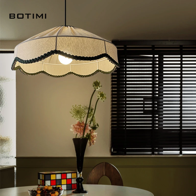 BOTIMI Beige Cloth Pendant Light For Dining Off-White Wire Hanging Island Kitchen Fabric Art Suspension Luminaire Bedside Lamps