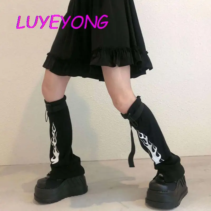 Dark Gothic Leg Warmers For Women Fire Print Cool Street Punk Long Socks Knee Length Hipster Man Foot Cover Plastic Buckle  2024