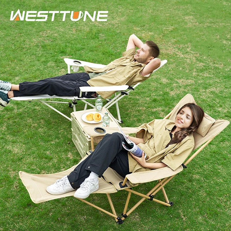 WESTTUNE 경량 리클라이닝 캠핑 의자, 등받이 및 발받침 조절 가능, 해변용 접이식 라운지 의자, 2 인 1 