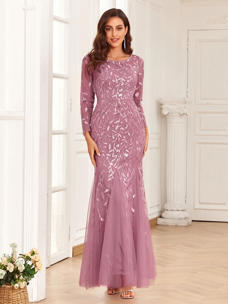 2024 heißer Verkauf Meerjungfrau Abendkleider Oansatz Volle Hülse Tüll Stickerei Lange Party Kleid Elegante Formale Kleid – Detail 8