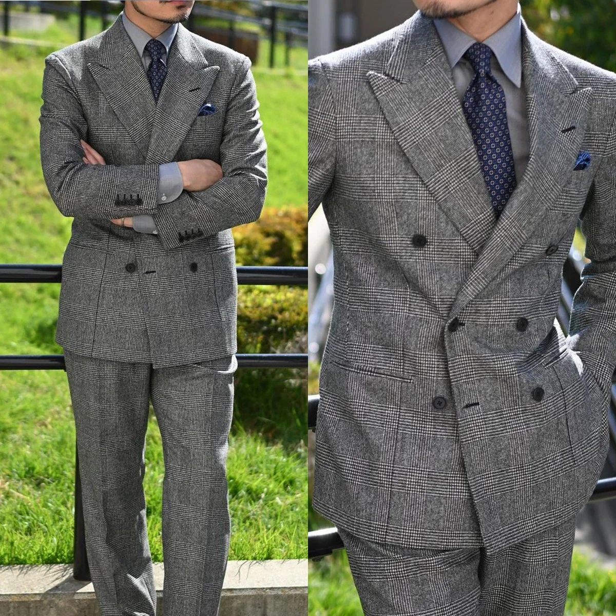 

Double Breasted Plaid Men Suits Business Slim Fit 2 Pieces Set Wedding Party Tuxedo Jacket Pants Male Fashion Custom Made Suit