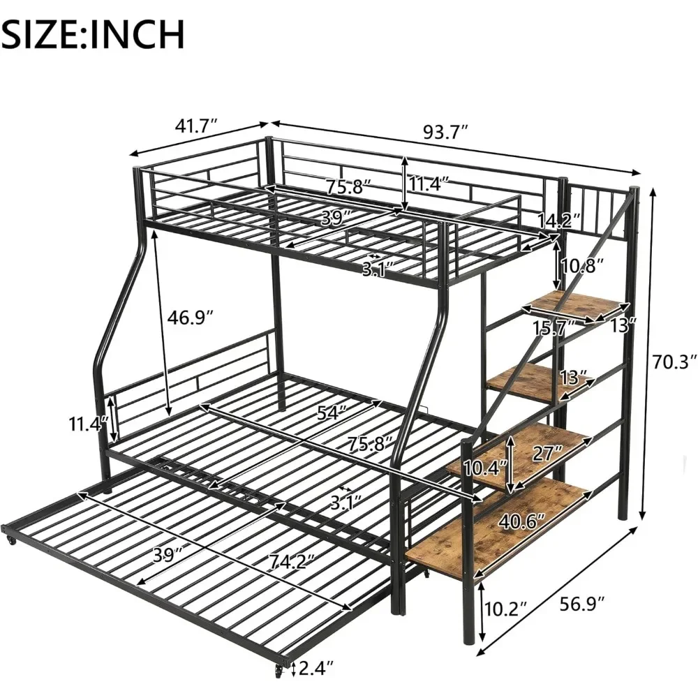 Twin Over Full Bunk Beds with Trundle, Metal Bunk Beds with Storage Staircase and Guard Rail, Bunk Bed Twin Over Full Size