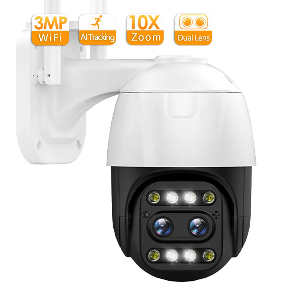 Top 3MP IP Camera WiFi Security CCTV Camera Dual-Lens Color Night Vision 10x Optical Zoom Tracking IP66 Outdoor Surveillance