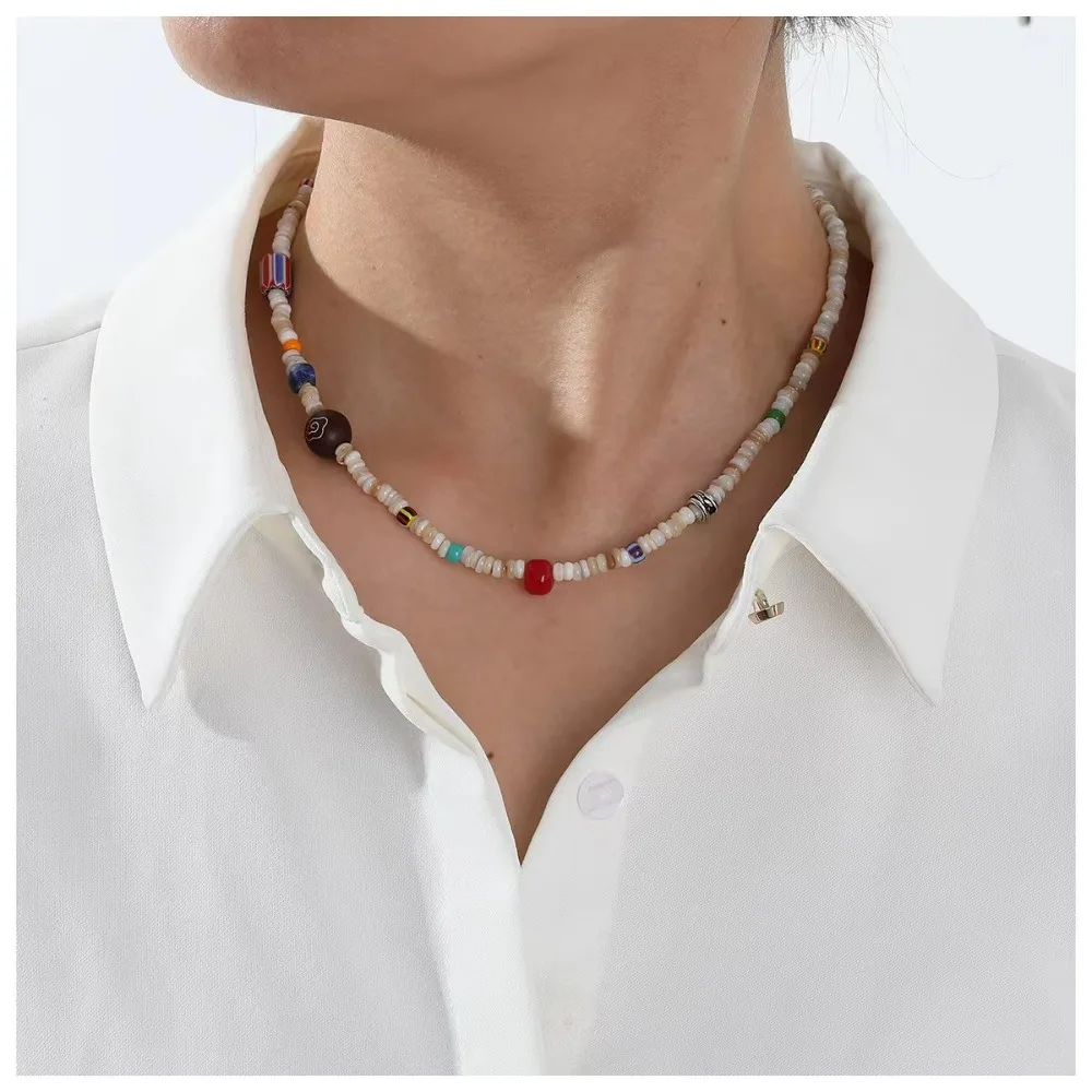Star Idol Same Multi Color Coloured Glaze Bead White Shell Beaded Strand Necklace for Women Versatile Clavicle Chain New Product