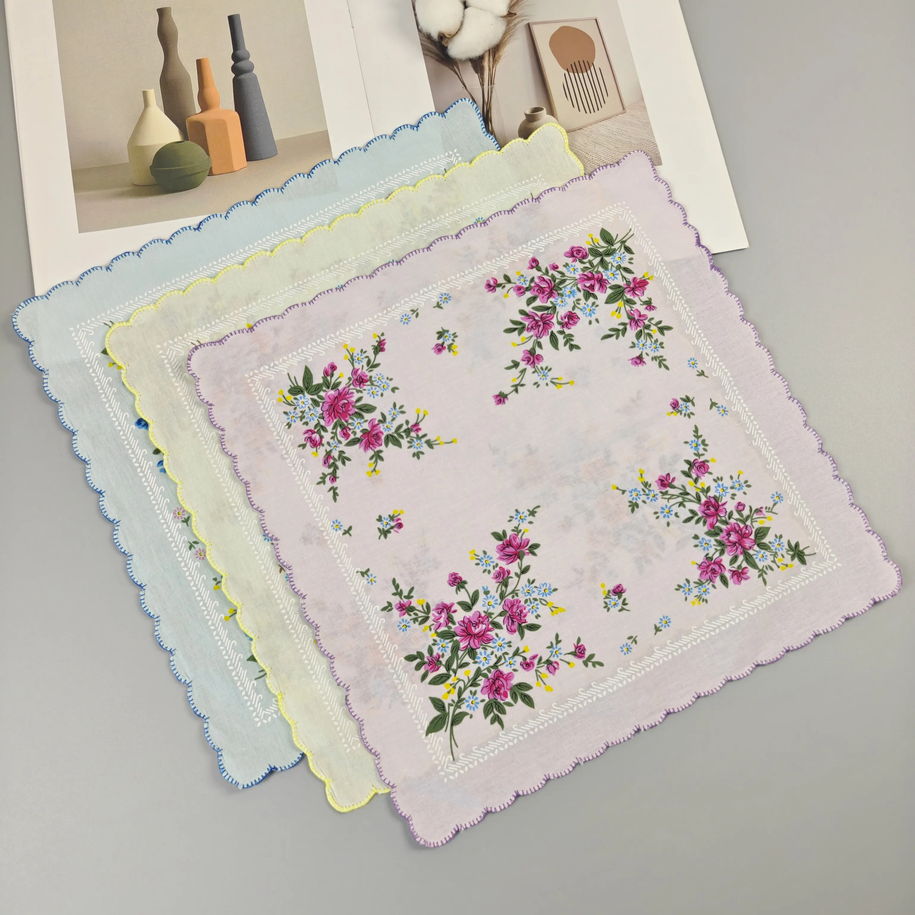 Elegant Vintage Floral Printed Cotton Handkerchiefs Scalloped Edge Soft Breathable Sweat Absorbent Hankies 3 Or 6 Pcs For Women
