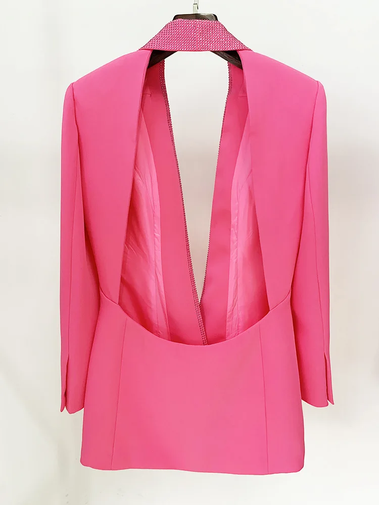 2023 New Fashion Pink Backless Long Blazer Open Back Hot Diamond Sexy Deep V Collar Long Suit Coat Mini Dress Blazer