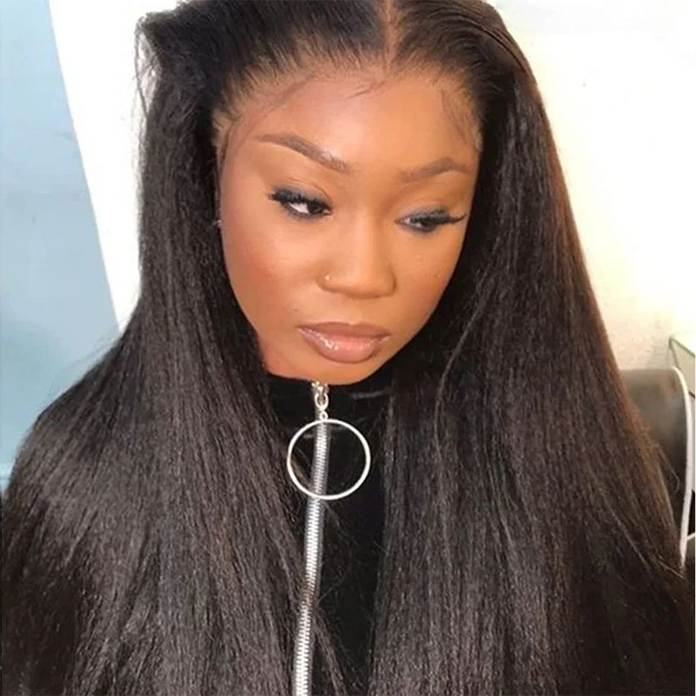 

Kinky Straight Brazilian Remy Hair 4x4 Lace Front Wig Yaki Straight Human Hair Wigs for Women Natural Hairline Baby Hair 14inch