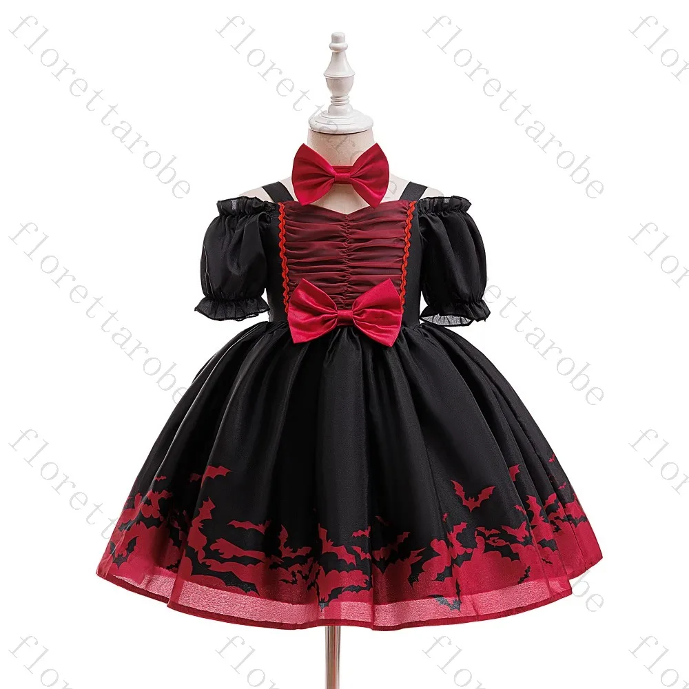 Customized Black Red Halloween Girl Dress A Line Short Off Shoulder Puff Sleeve Satin Tulle Bat Print Bow Kids Princess Gown