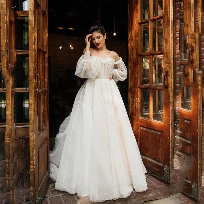 

GUXQD A-Line Lace Women Wedding Dresses Puff Sleeves Court Train Bridal Gowns Vestido De Noiva robe de mariée Abendkleider