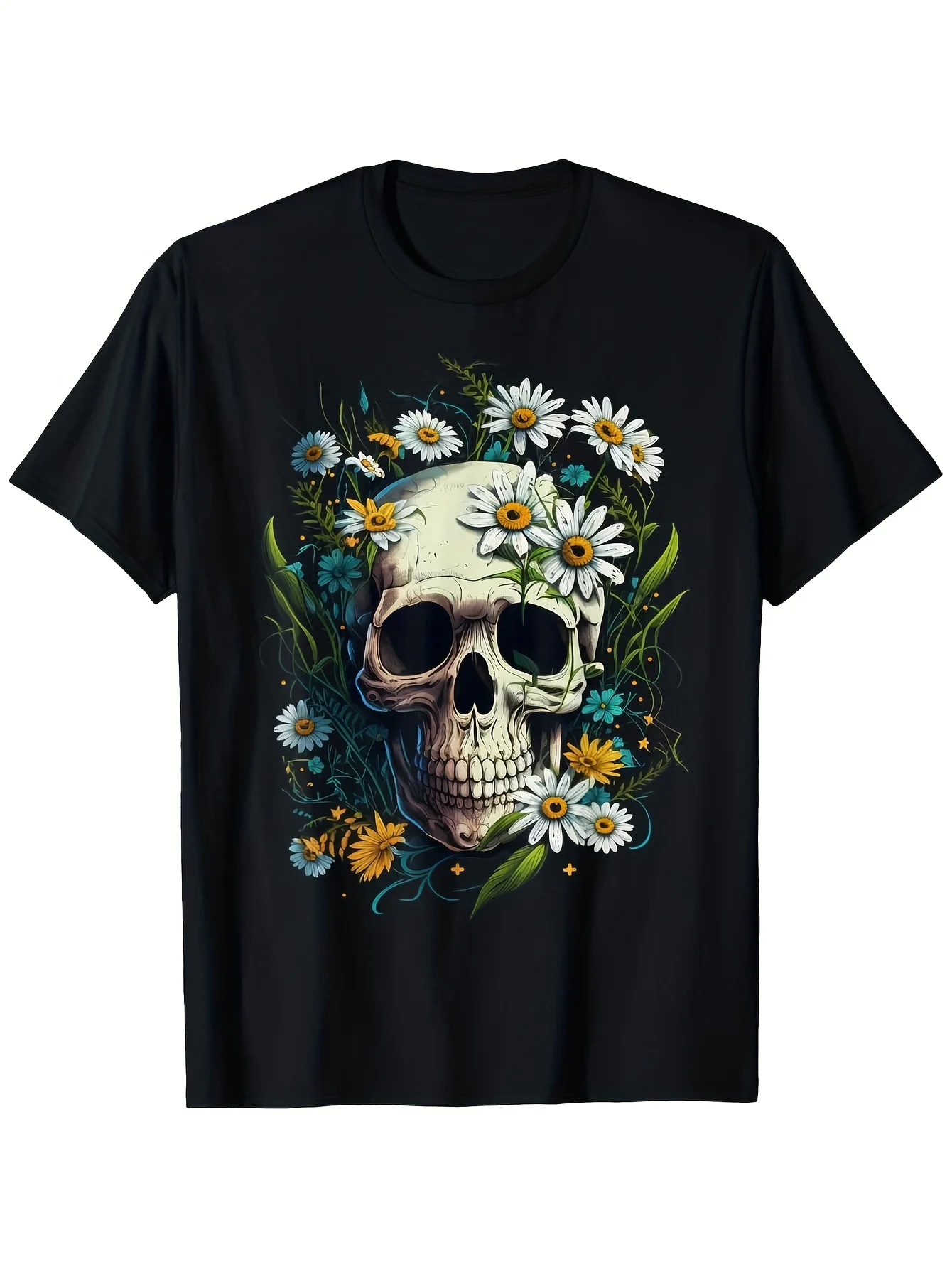 

Gothic Floral Daisy Skull Graphic Printing Summer Autumn Winter Cotton Men and Women T-shirt Short Sleeve Luxury Outdoor Sports