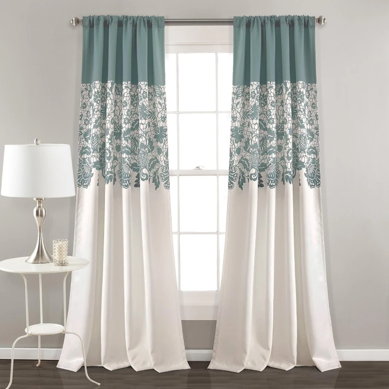 

LUSH DÉCOR Estate Garden Print Curtains Light Filtering Window Panel Set for Living, Dining, Bedroom (Pair), 84 in x 52 in, Blue