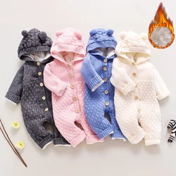 Winter Thick Warn Baby Kids Woolen Knitted Jumpsuit Infant Boys Girls Sweater Hoodied Cute Romper Toddler Outfits Clothing