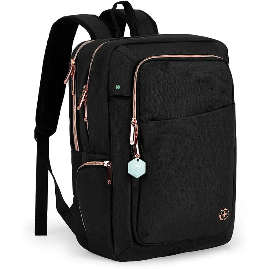 Swissdigital Design Business-Rucksack für Damen mit roségoldfarbenen Reißverschlüssen, College-Reise-Laptop-Rucksack mit Apple Find My N