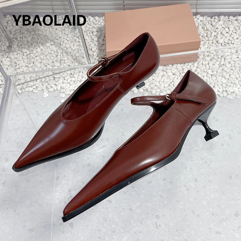 

Autumn New Pointed Toe Kitten Heel Women Pumps Cowhide Leather Shallow Mouth Belt Buckle Office Ladies Dress Daily Single Shoes