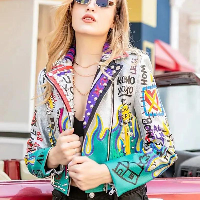 Womens Rivet Beading Pu Jacket Hit Color Streetstyle Graffiti Outerwear letters Printed leather Jackets Short Punk Street Coat