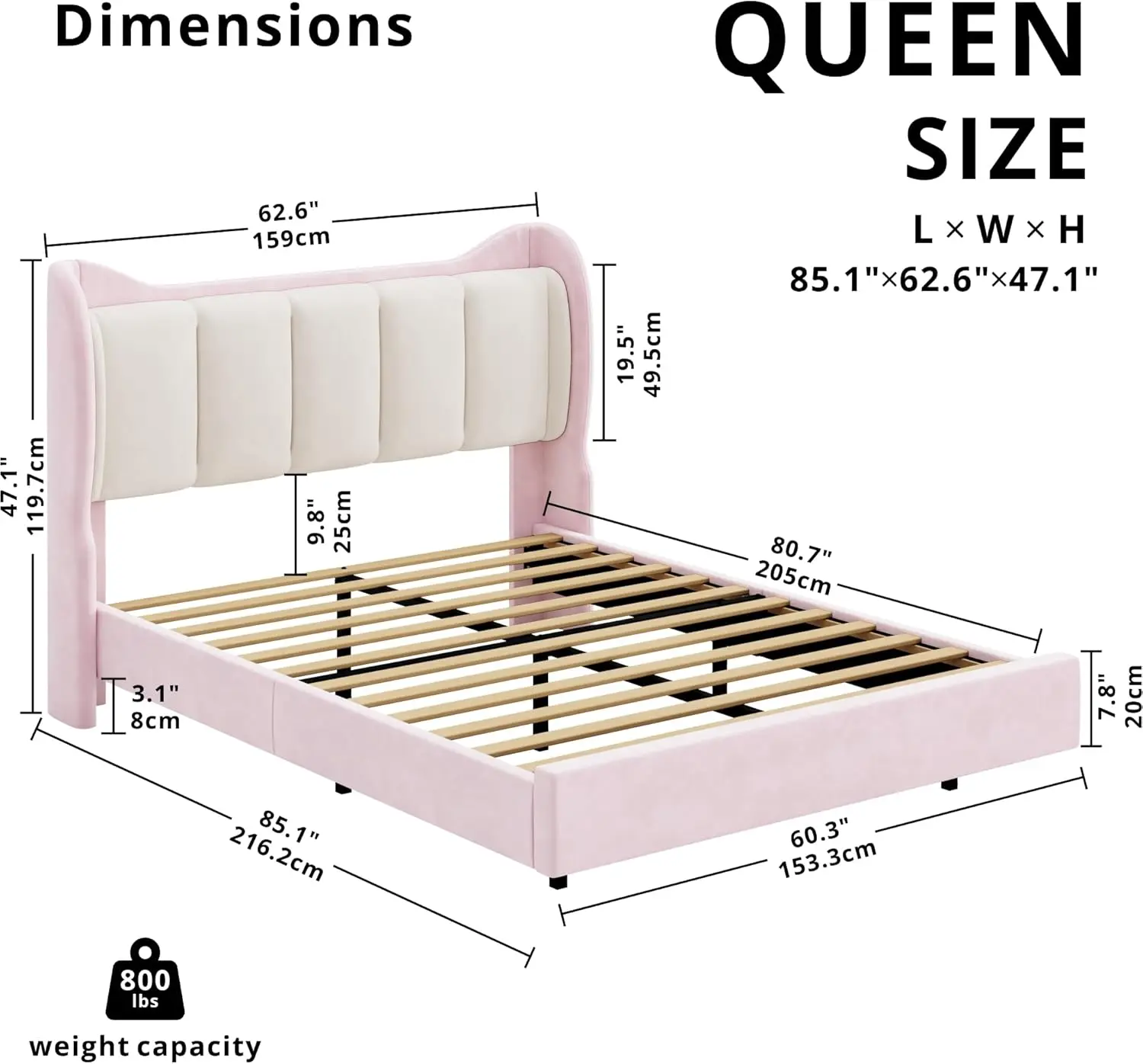 Queen Bed Frame with Headboard, Velvet Upholstered Platform Bed with LED Light, Solid Wood Slats Support, No Box Spring Needed,