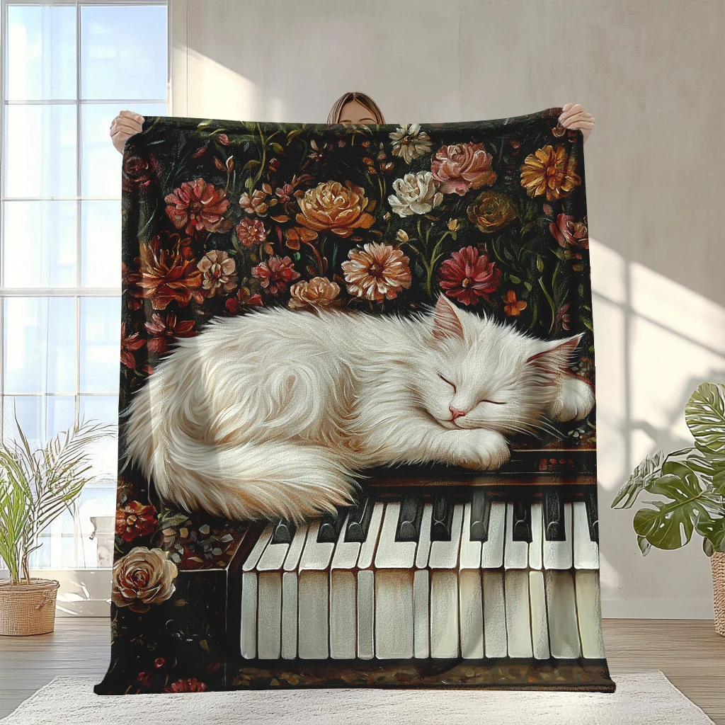 1pc Vintage Floral Sleeping White Cat Piano Fleece Blanket Cozy Soft Warm Throw Blanket for Home Living Room Bedroom Decor