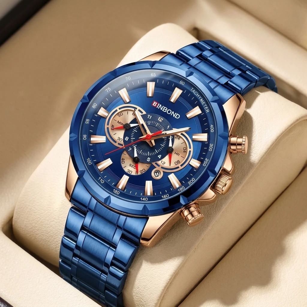 

1 piece Fashion Sports Men's Watch with Blue Metal Strap, Multifunctional Chronograph, Trendy and Cool, Suitable for Students