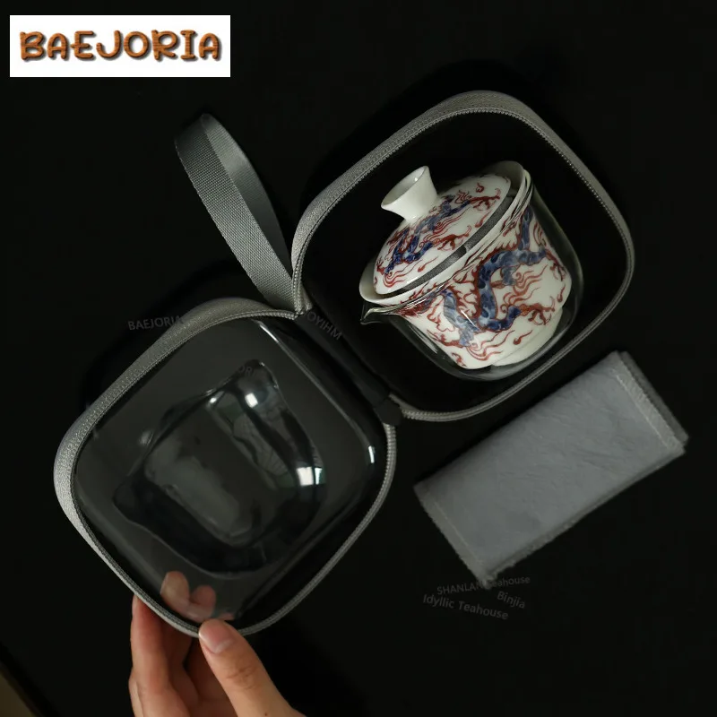 Hand Drawn Dragon Travel Tea Set Kit Traditional 1 Pot 3 Cups Tea Making Organizer Portable Picnic Handbag Accessories Craft