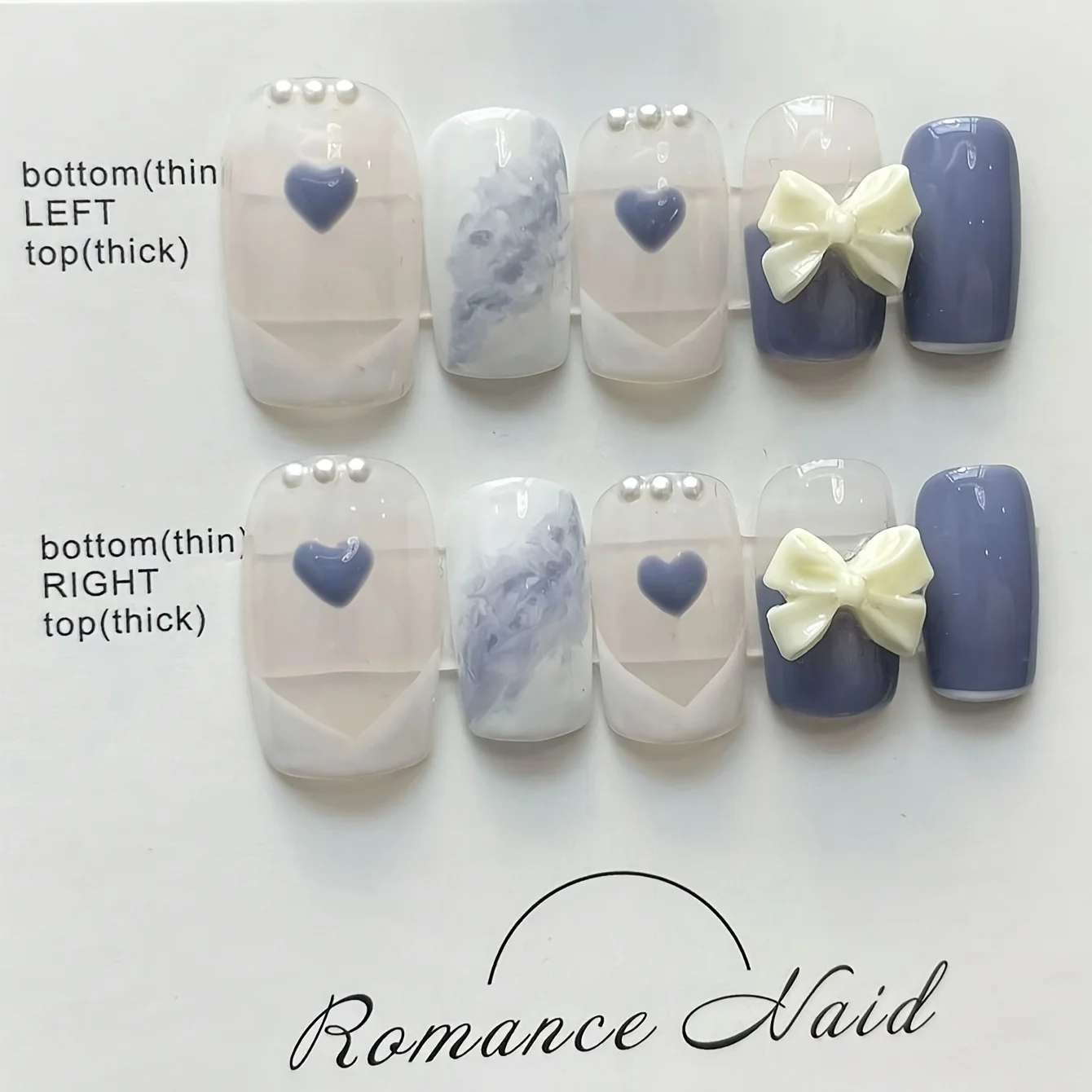 10 Stück hochwertige frische handgemachte künstliche Nägel in Eisblau mit cremefarbener Schleife, kurzer weißer Mini-Nagelflicken für Frauen