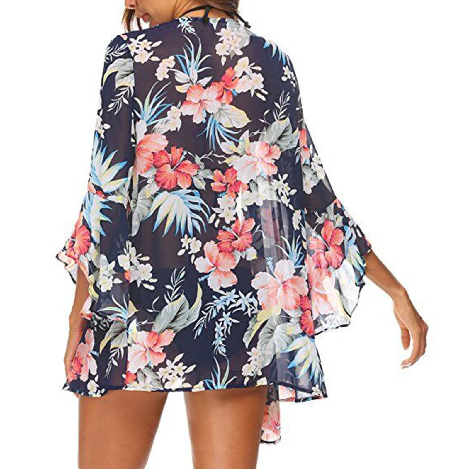 Women Summer Long Flowy Kimono Cardigans Boho Chiffon Floral Beach Cover Up Tops