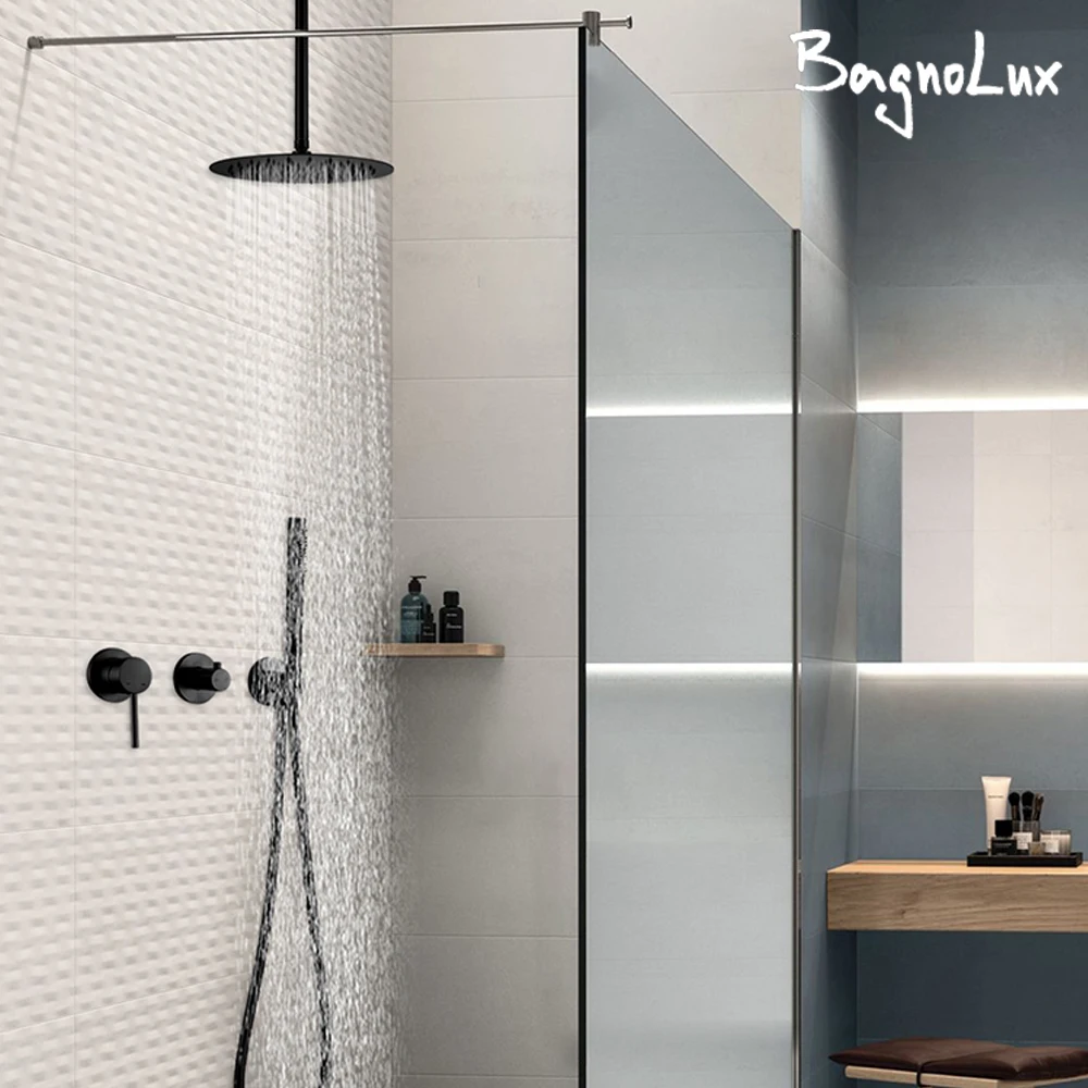 Matte Black Shower Faucet 8-12'' Shower Head Bathroom Recessed Box Shower Tap Ceiling Arm 2 Ways Control Switch Shower Mixer