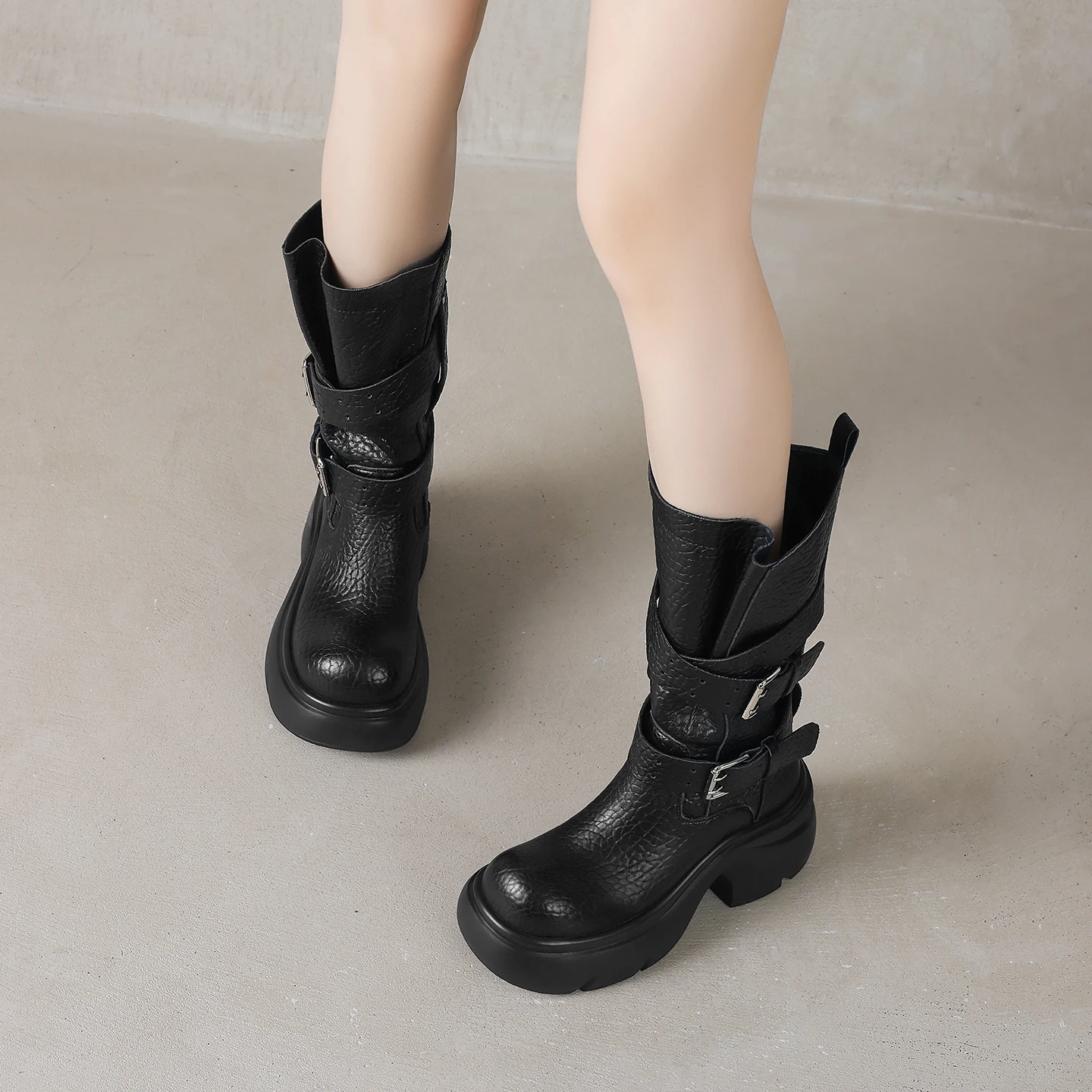 جلد طبيعي أحذية رعاة البقر الغربية أحذية الكاحل ، حزام مشبك كتلة أحذية امرأة ، أحذية فارس ، الأحذية الحديثة ، الجوارب فاسق مكتنزة #4